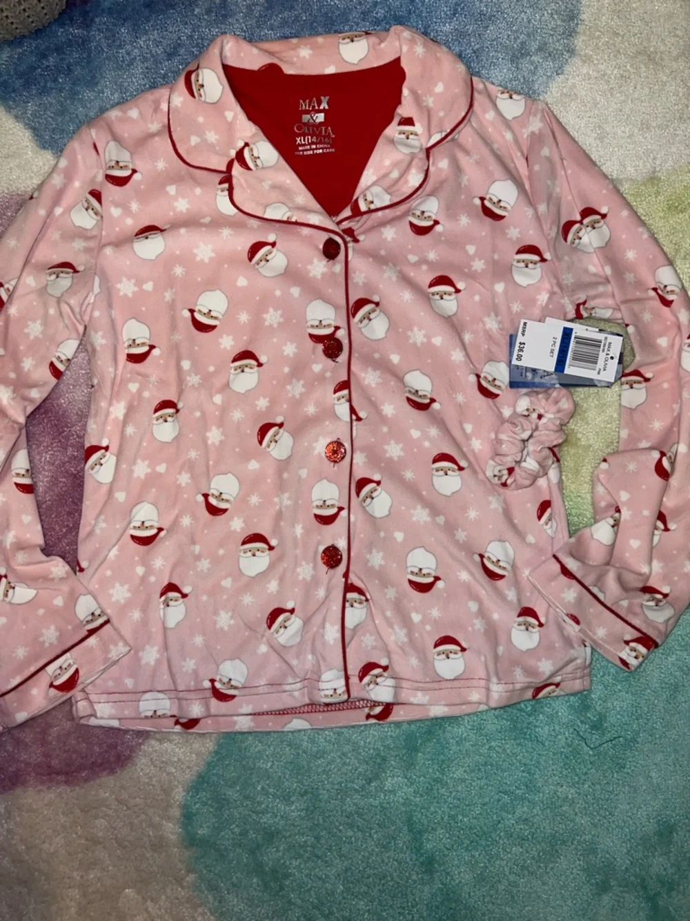 NEW Max & Olivia Pink Santa Print Girls Pajama Set -Button Front 2pc & scrunchie
